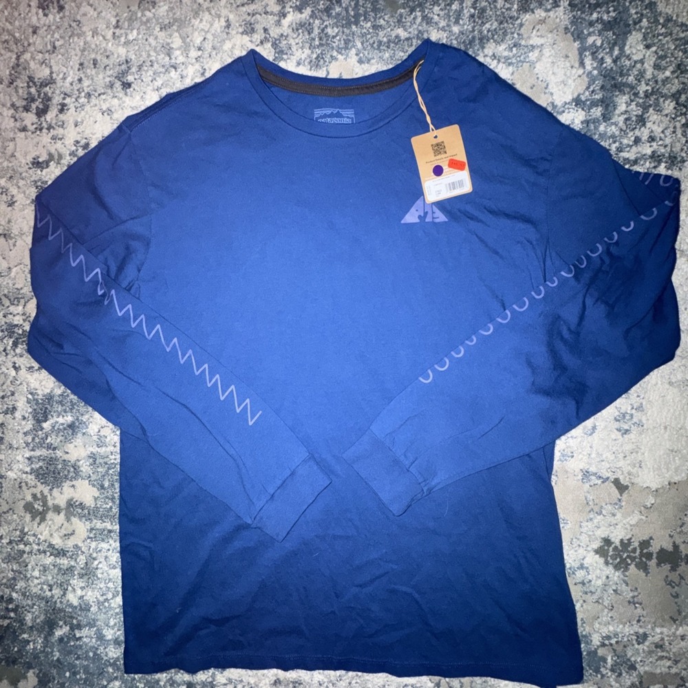 Patagonia Mens Blue Long Sleeve Graphic T-Shirt Mountain Logo Organic Cotton M